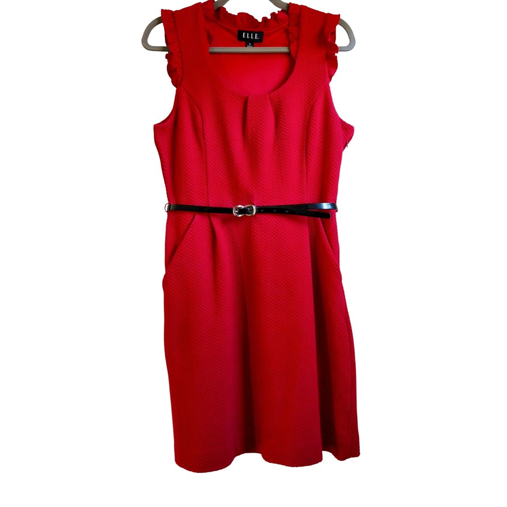 Retro Chic ELLE Red‎ Textured Ruffle Neck Sheath Dress w/ Belt & Pockets Size 10